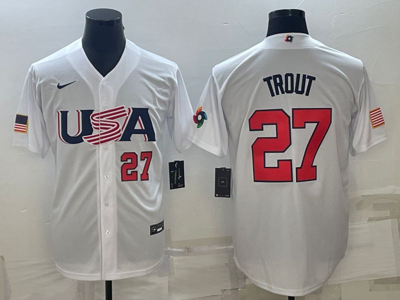 Men 2023 World Cub USA #27 Trout White Nike MLB Jersey5